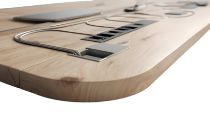 A close up of a light wood desk with a laptop and power outlets and cable management system on top
