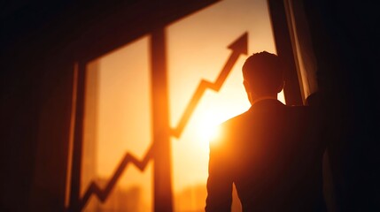 Man looking at financial growth chart with sunlight shining through the window in the background