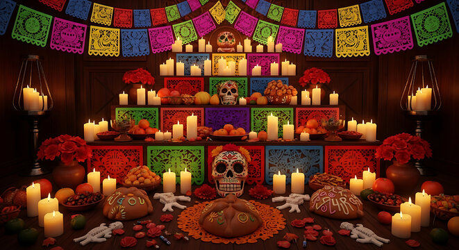 Traditional Dia de los Muertos Ofrenda with Candles and Marigolds