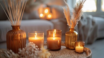Romantic Home Setting with Lit Candles, Roses, and Reed Diffuser