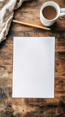 Blank Paper Mockup with Mug and Pencil on Rustic Wooden Table