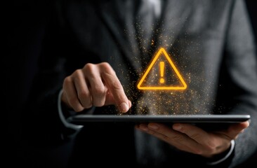 Businessman using tablet with exclamation, warning icons for business security on white background