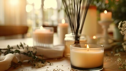 Romantic Home Setting with Lit Candles, Roses, and Reed Diffuser
