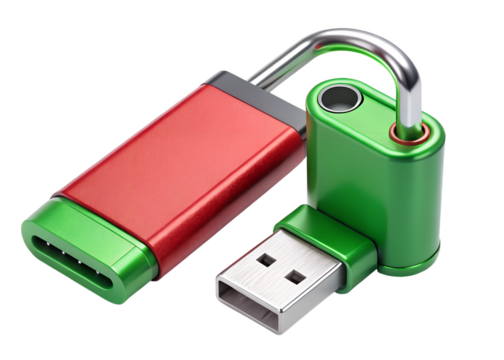 A secure usb drive with a padlock isolated on transparent background
