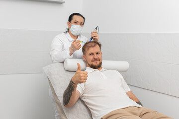 Alopecia. Hair loss improve growth treatment dermapen microneedling vitamin exosomes plasma syringe...
