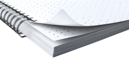 Close up shot of a spiral notebook with dotted pages and one page being turned on a TRANSPARENT background