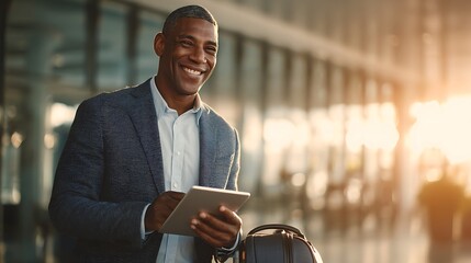 Smiling man in blazer using tablet at airport with sunlight and luggage bag in the foreground