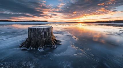 Tree Stump Emerging from Icy Lake at Sunset