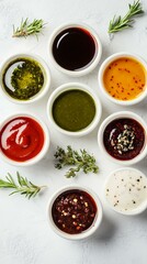 Variety of Colorful Sauces in Small White Bowls on White Stone Background