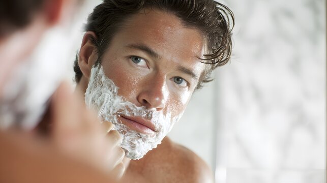 A man shaving in the mirror, white background