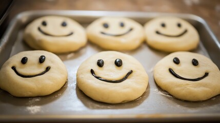 Obraz premium Smiling Dough Faces on Baking Tray Ready for Cooking Fun