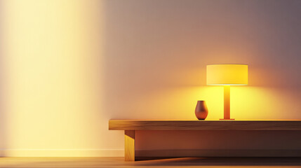 Sleek Minimalist Lamp with Soft Yellow Glow Floating Above Simple Wooden Table – Modern Ambient Lighting and Elegant Interior Design