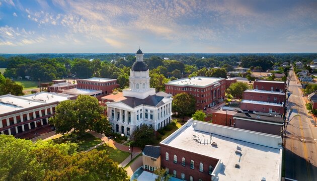 aerial view of beautiful courthouse surrounded by greenery and historic buildings in downtown thomasville georgia united states - Powered by Adobe