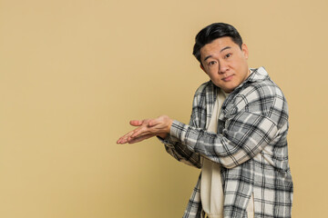 Asian mature man raising hands asking what why reason of failure, disbelief irritation by troubles...