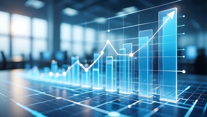 Futuristic digital financial data visualization with glowing blue bar graph and upward trending line chart showing growth and success in a modern office environment