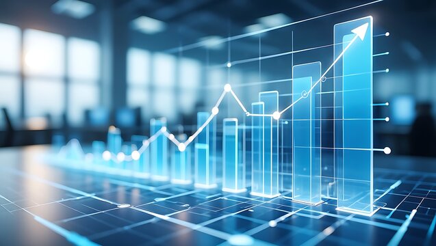 Futuristic digital financial data visualization with glowing blue bar graph and upward trending line chart showing growth and success in a modern office environment