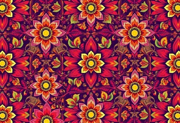Intricate, repeating floral motif, vibrant hues, continuous flow,  wallcovering,  floral pattern