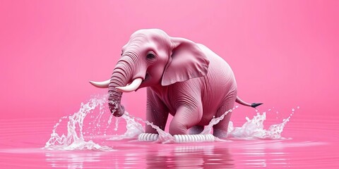 Playful pink elephant sprays water; pink background, artistic, pink elephant