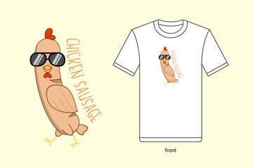 Cute cartoon chicken sausage illustration in vector design, with T-shirt mockup. EPS 10
