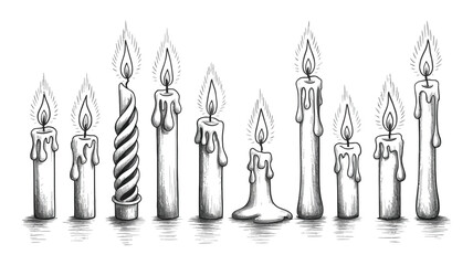 Handdrawn Burning Candles Line Art with Flames, Wax Drips, and Shadows on White