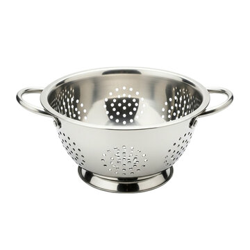 Shiny metal colander with handles isolated on transparent background