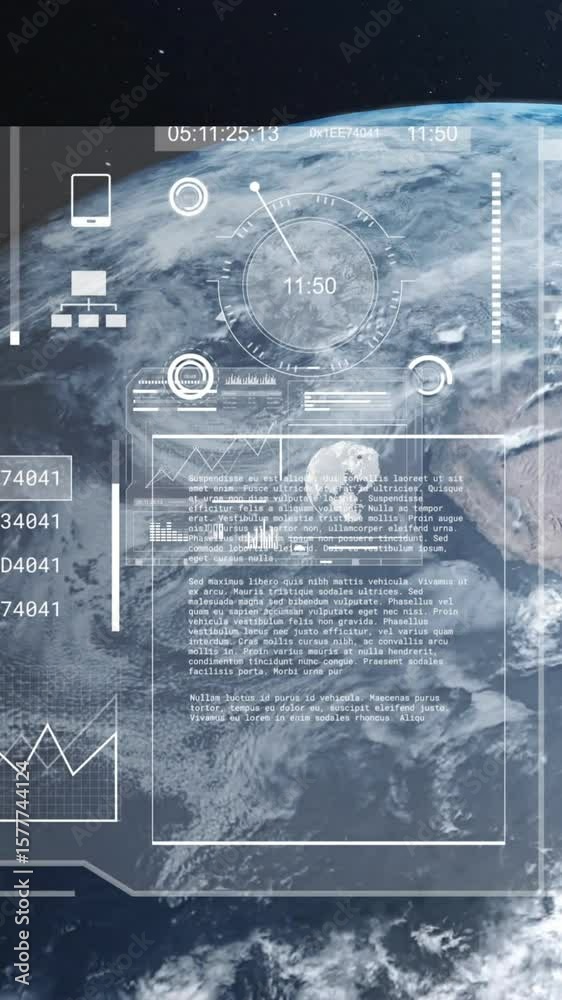 Poster animation of digital data processing over globe on dark background
