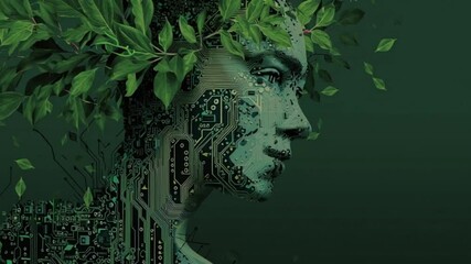 Futuristic depiction of nature and technology, blending human form with circuits and leaves - Powered by Adobe