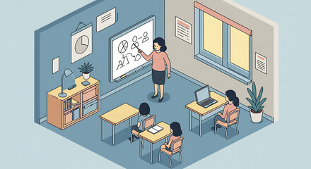 School Session: An illustrative depiction of an educational classroom setting, where a teacher engages with a student body, conveying knowledge and fostering an environment of learning.