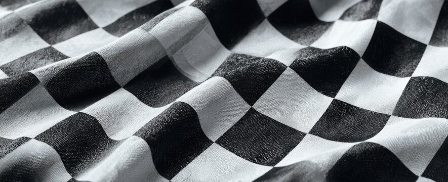 Draped checkered flag; black and white squares, textured fabric, soft folds