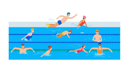 Swimming pool swimmers training competitive swimming freestyle butterfly backstroke breaststroke practice 100m