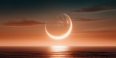 Soft Glowing Crescent Moon over Ocean at Sunset.
