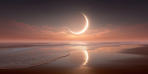 Soft Glowing Crescent Moon over Ocean at Sunset.