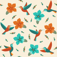 Seamless pattern. Exotic tropical flowers and colourful hummingbirds. Textile composition, hand drawn style print. Vector illustration.