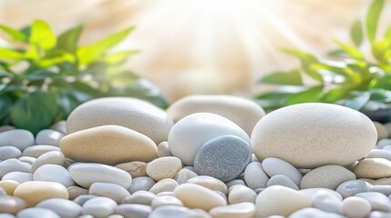 Fototapeta premium Tranquil Scene of Smooth Stones with Green Leaves and Sunlight