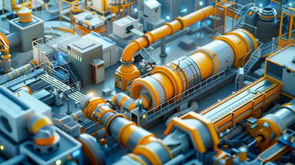 Futuristic industrial factory with bright machinery and connected pipelines