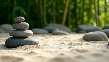 HD photography of a peaceful Zen rock garden with smooth raked sand, perfectly placed stones, and a...