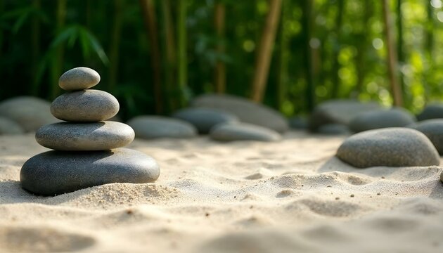 HD photography of a peaceful Zen rock garden with smooth raked sand, perfectly placed stones, and a background of lush green bamboo. The sunlight creates gentle shadows and highlights the meticulous p
