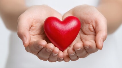 Obraz premium Cupped Hands Holding a Red Heart Icon Symbolizing Healthcare Support