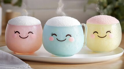 Whimsical Colorful Happy Cups with Smiles and Steam on Plate