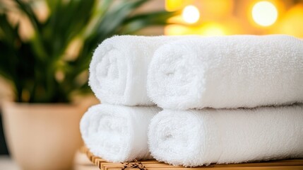 Freshly Folded White Towels with Decorative Plant in Relaxing Room