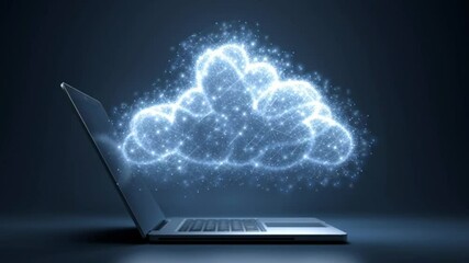 Cloud computing concept with digital network and cloud emerging from laptop modern office, symbolizing data storage, technology innovation, internet connectivity, and digital network computing - Powered by Adobe