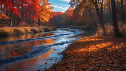 Autumn river winding through colorful fall forest