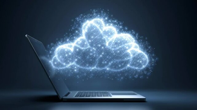 Cloud computing concept with digital network and cloud emerging from laptop modern office, symbolizing data storage, technology innovation, internet connectivity, and digital network computing - Powered by Adobe