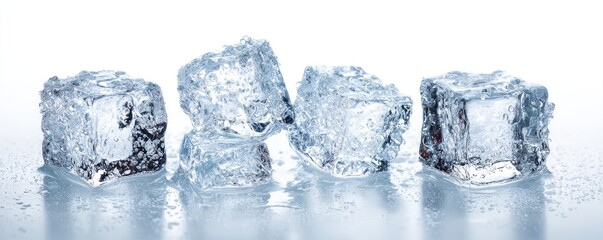 Four glistening ice cubes, wet and slightly melted, rest on a reflective surface against a bright white backdrop