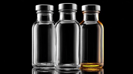 Three clear glass bottles with metal caps against a black background.