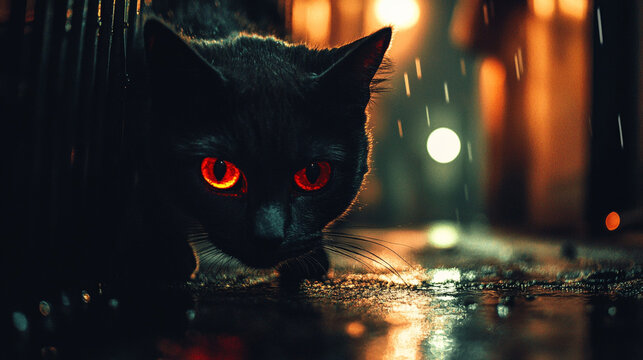 Close-up of red feline eyes glowing in an alleyway, reflecting light in the rain-soaked darkness