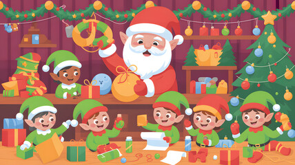 Fototapeta premium Santa claus and happy elves preparing christmas gifts and decorations together