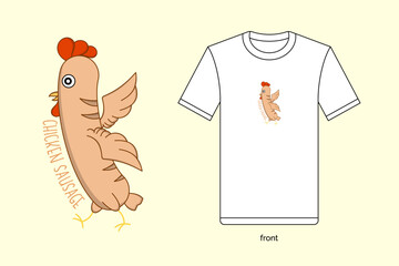 Cute cartoon chicken sausage illustration in vector design, with T-shirt mockup. EPS 10