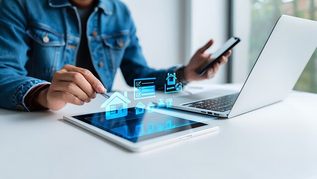 Person using a stylus on a tablet displaying a futuristic interface with icons of houses and checklists while holding a smartphone and working on a laptop