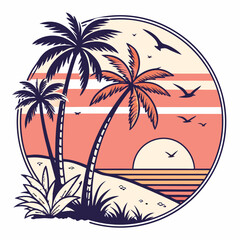 Obraz premium Retro style sunset with palm trees in a circular badge design vibrant colors clean vector lines isolated on white for t-shirt